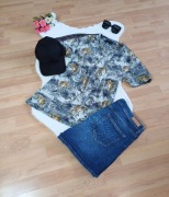 Szary t-shirt damski rozmiar M na krótki rękawek ze wzorem na lato