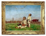 Obraz malowany Józef Chełmoński Babie lato krajobraz wsi rama zdobiona