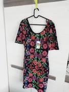 Desigual sukienka letnia mini czarna w kwiaty krótki rękaw L 40 