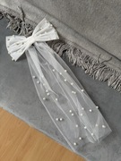 Biały welon ślubny kokardka z perełkami; wieczór panieński, kokarda, 50 cm