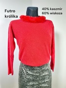 Sweter cienki sweterek kaszmirowy damski L 40 futro naturalne czerwony