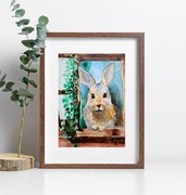 Akwarela A5 "Zając szarak", ręcznie malowana, króliczek, okno