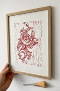 Linoryt w Ramie A4 - Kwiat Ornament czerwony - ręcznie drukowana grafika