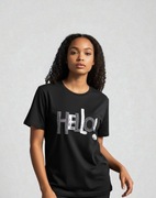 Damski czarny T-shirt oversize 100% bawełna z ozdobnym napisem S