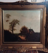 Stary obraz ,,Wiejski pejzaż ,,