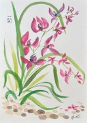 Dzika różowa orchidea, japońskie malarstwo sumi-e, tusz. Original Akwarela