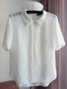 Bluzka Vintage PEREŁKI Kołnierzyk BOHO M L Kremowa Ecru