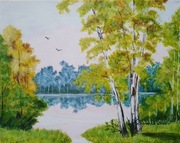 OBRAZ RĘCZNIE MALOWANY PEJZAŻ AKRYLOWY "LOT NAD SPOKOJNĄ WODĄ" - 24x30cm