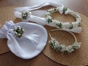 Komplet komunijny z gipsówki wianek opaska ozdoba na świecę i torebkę