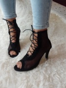 (41/42) Czarne, ażurowe sandałki wieczorowe z Londynu, szpilki, NOWE 