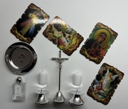 Komplet kolędowy nowoczesny srebrny komplet krzyż kropidło świeczki obrazek