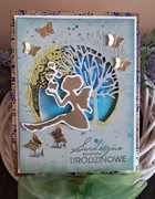 Kartka urodzinowa z wróżką. Ręcznie robiona. Pop-up z drzewem 3D w środku.