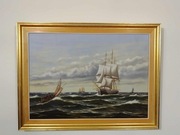 Stary obraz na płótnie marynistyka 