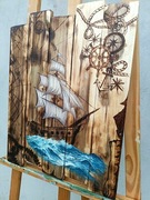 Unikatowy obraz ręcznie malowany i wypalany na drewnie. Żaglowiec, vintage