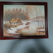 Obraz olejny w ramie pejzaż zima chata sygnowany