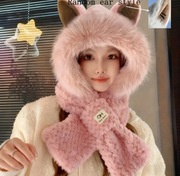 CZAPKA USZATKA ZIMOWA Z USZAMI DAMSKA DZIEWCZĘCA KOCIE USZY KAPTUR Z SZALEM