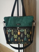 Torebka sztruksowa butelkowa zieleń,shopperka, robaczki, żuczki 