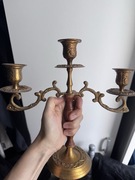 Piękny antyczny świecznik vintage mosiądz drewno