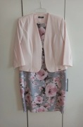 Garsonka, sukienka szaro-różowa w kwiaty z jasnoróżowym żakietem 44-46
