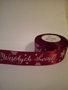 Wstążka tasiemka świąteczna bordowa z napisem szer.38 mm; dł.22 m