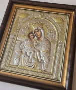 Ikona w kiocie GRECKA na desce Matka Boska z Dzieciątkiem Jezus. 