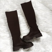 Brązowe muszkieterki skarpetkowe oficerki na platformie 