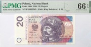 20 złotych 2016 seria BX0012345 grading PMG 66 