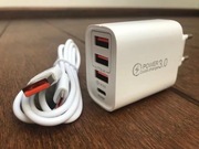 Zestaw: Szybka ładowarka 60W QC 3.0, 4 porty + przewód 120W. Nowy.