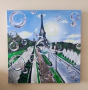 Obraz akryl Paryż podobrazie 50x50 eiffel bańki mydlane 3d