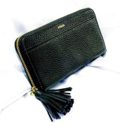 Fossil portfel duży damski skórzany czarny chwost złoty shiny premium