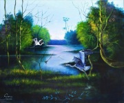 Obraz "Czaple" wystawa "Peruwiańska Selva", płótno