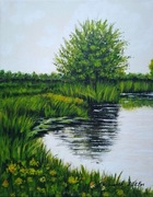 PEJZAŻ RĘCZNIE MALOWANY AKRYLOWY "BLISKO WODY" - 30x24cm