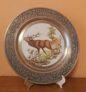 Piękny cynowy talerz myśliwski porcelana Jeleń Szlachetny Byk Bawaria XXw. 