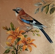 Obraz olejny z dod.szlagmetalu na płótnie 30x30cm PTAKI KWIATY NATURA 