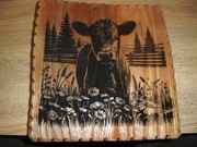 obrazek wypalony w drewnie, Krowa, Fajne na prezent