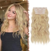4xPrzedłużki do włosów,treska 40cm,syntetyczne,długie,falowane,beżowy blond