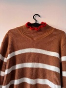 Brązowy Sweter w Pasy Vintage z Czerwoną Stójką - Ciepły Golf Oversize