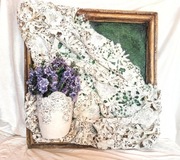 Płaskorzeźba, koronka, rama, kwiaty, bzy, lilak.