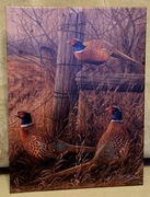 Piękny obraz myśliwski ZIMOWE BAŻANTY Koguty. Polowanie na pióro.30x40cm.