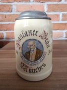 Antyczny kufel piwny ceramiczny z cynową pokrywką – Niemcy – kolekcjonerski