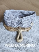 Opaska damska z wełny merino wełniana biała beżowa z węzełkiem handmade