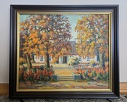 obraz olejny jesienny dworek w eleganckiej ramie