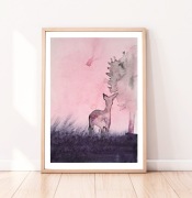 Akwarela A4 "Sarna o brzasku" różowa, malowana ręcznie, wschód, drzewo, las