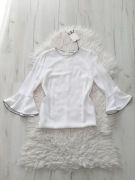 ZARA piękna biała bluzka z cyrkoniami i falbankami na rękawach