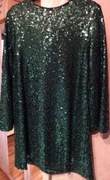 Sukienka trapezowa cekinowa z kokardą butelkowa zieleń ,wieczorowa