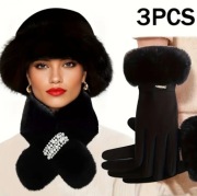 Zestaw czapka szalik rękawiczki trzyczęściowy ze sztucznego futerka