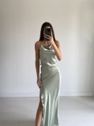 Pistacjowa długa elegancka sukienka na wesele przyjęcie urodziny S 36