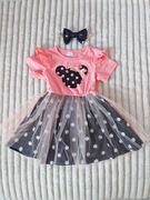 NOWY Super Zestaw! 92 98 Sukienka różowa czarna Minnie + Opaska-Kokarda