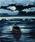 obraz olejny, pejzaż, łódka nocą