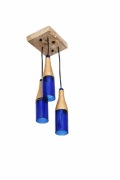 Designerska lampa loftowa sufitowa wisząca – kobaltowe szkło & lite drewno